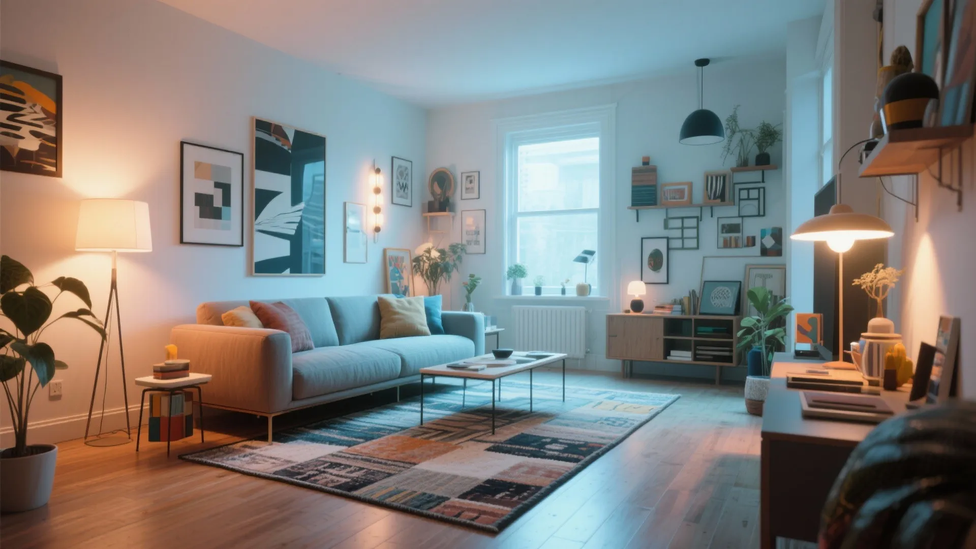 Diagonal sofa placement adds depth to small living room