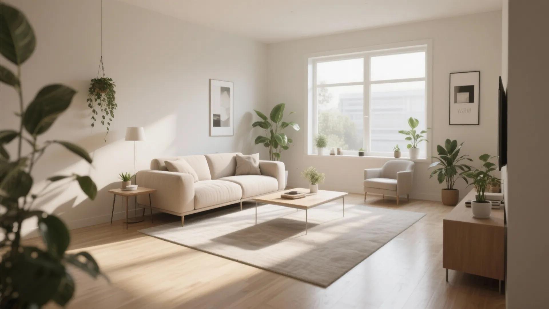 Bright living room with cream sofa, wooden coffee table, green plants, rug, and large window