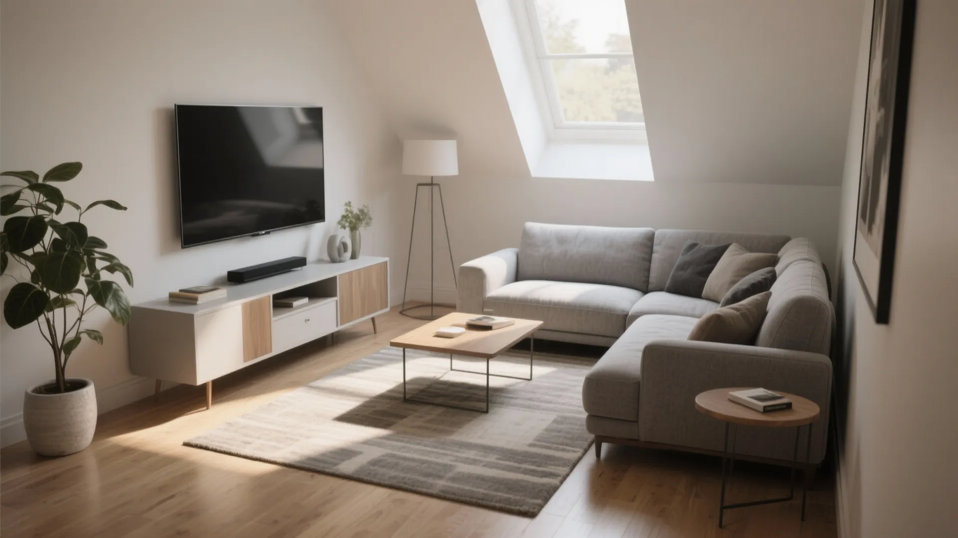 Modern attic living room with grey sofa wooden coffee table television and natural light from window