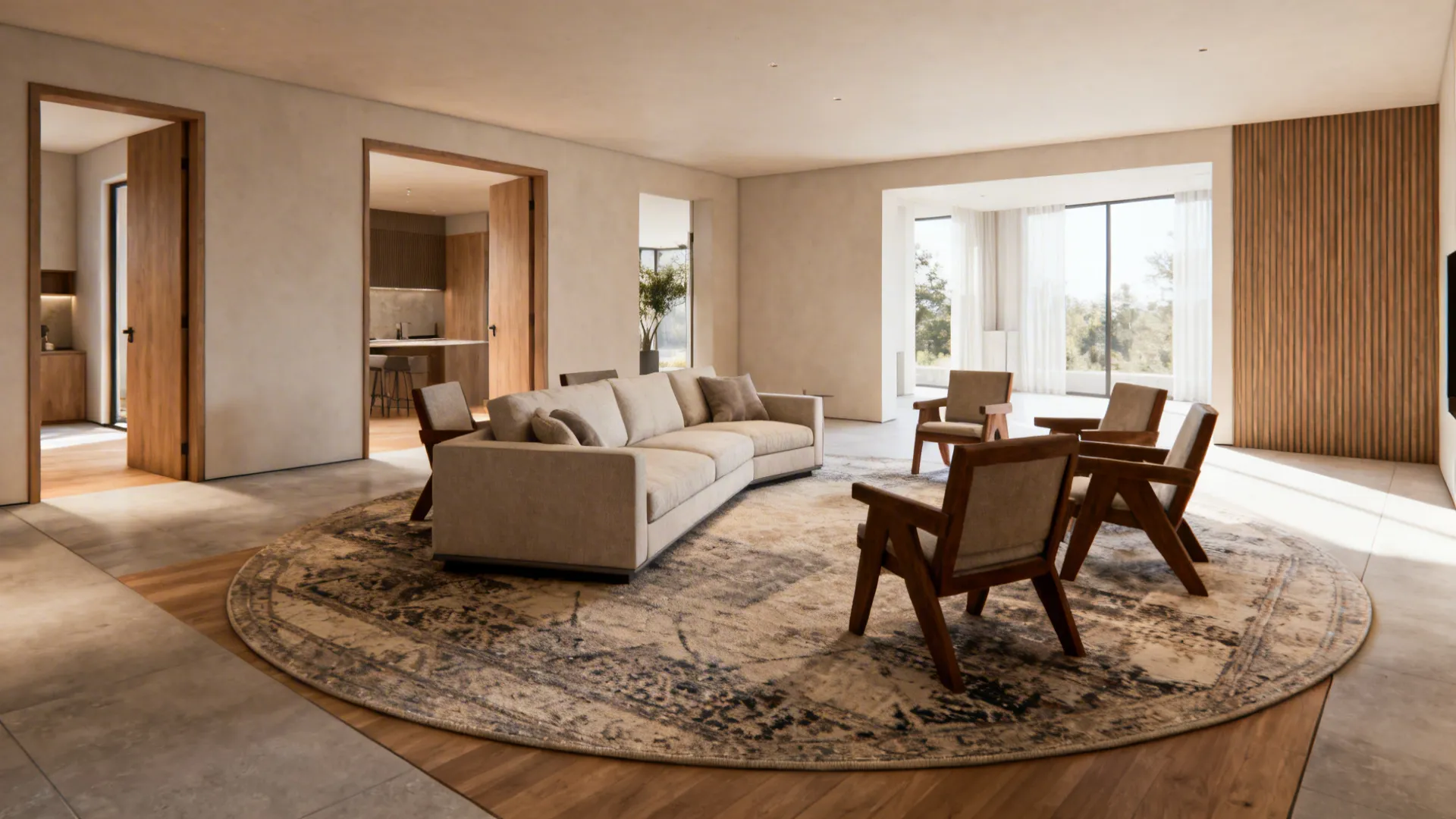 Open-plan seating with a diagonal sofa creating a pivot island and clear circulation paths.