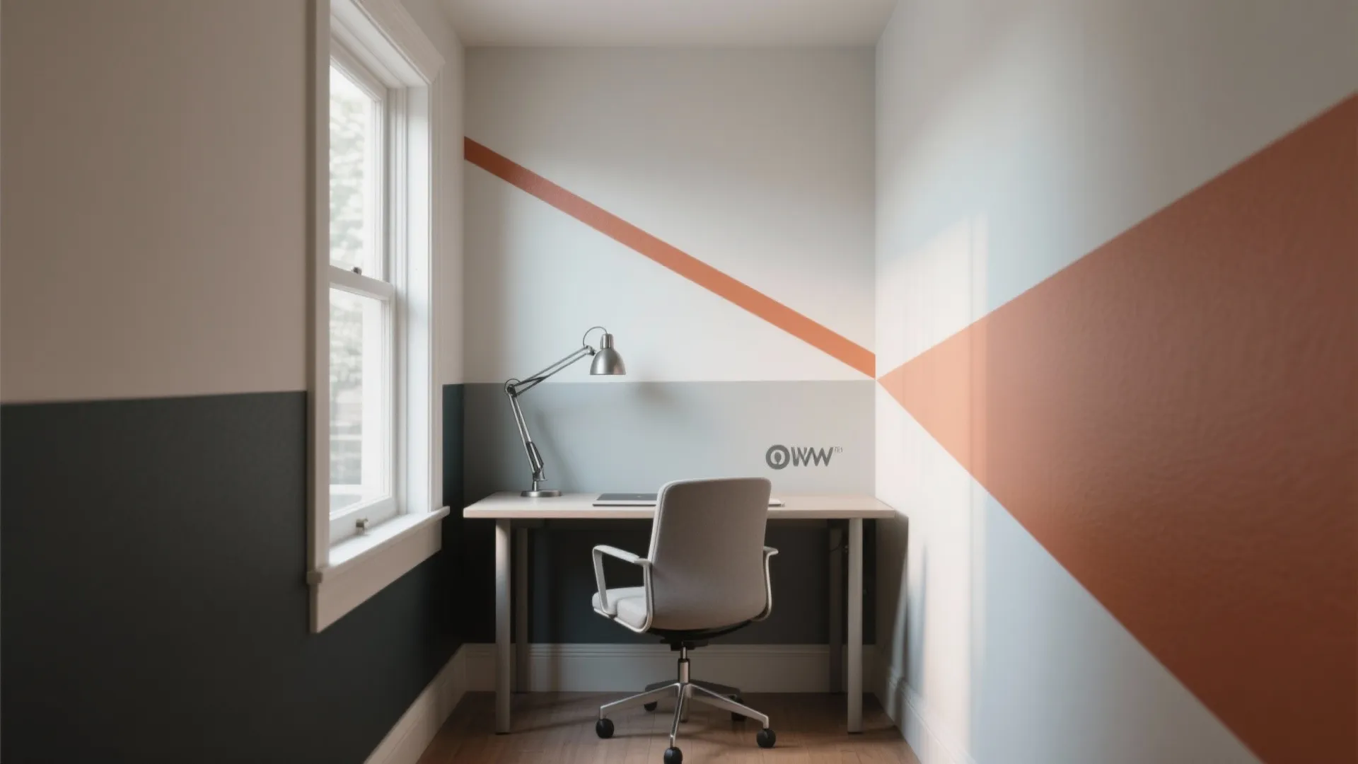 Modern small home office area with a white desk grey chair and geometric wall paint