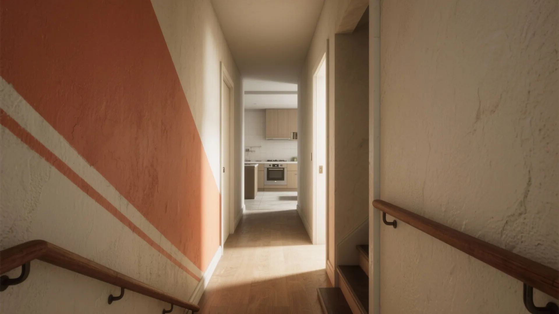 Hallway with a warm terracotta diagonal lower paint guiding the eye toward an open kitchen.