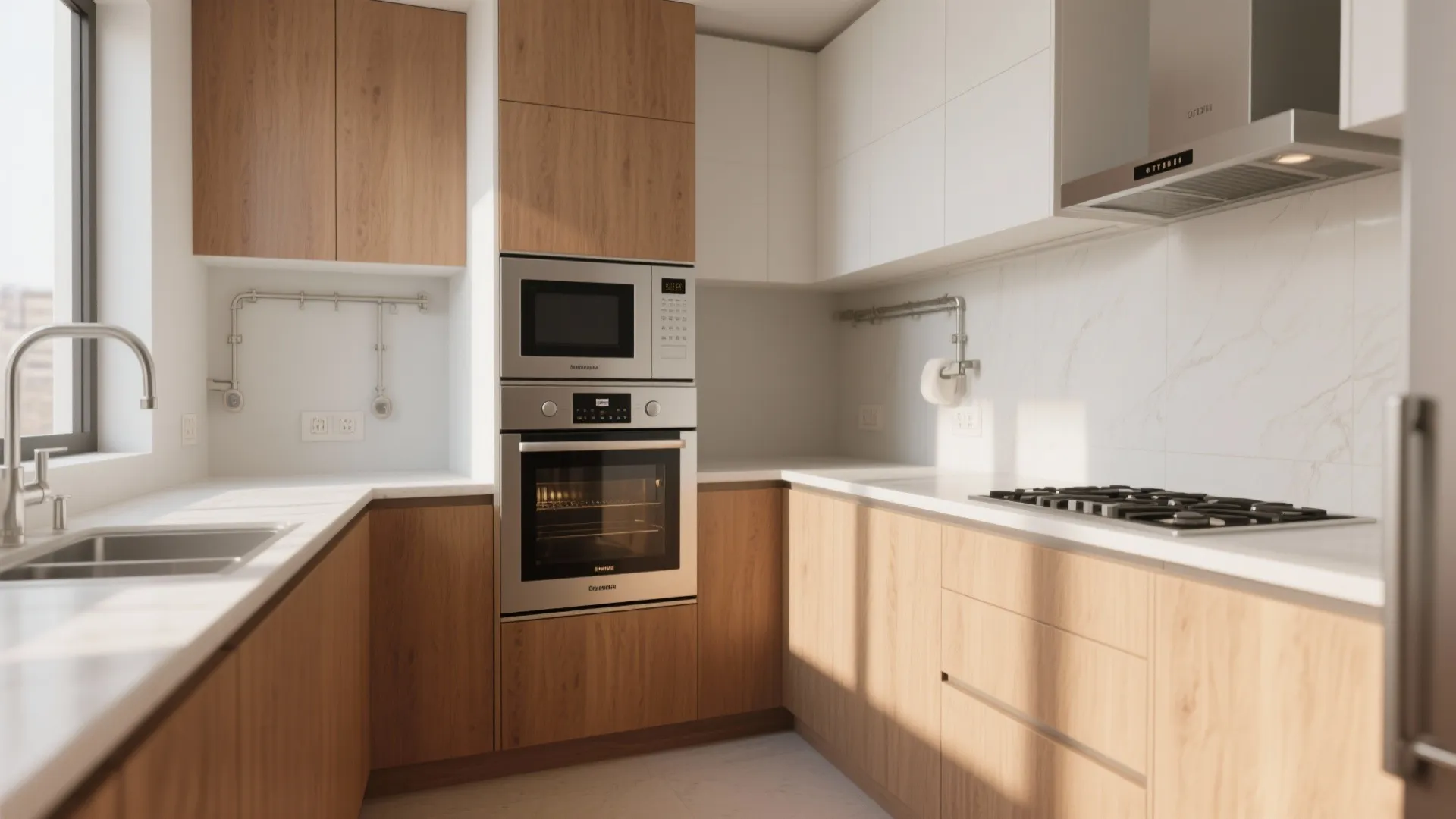 Modern kitchen with wood cabinets white countertops built in oven microwave and gas stove top design