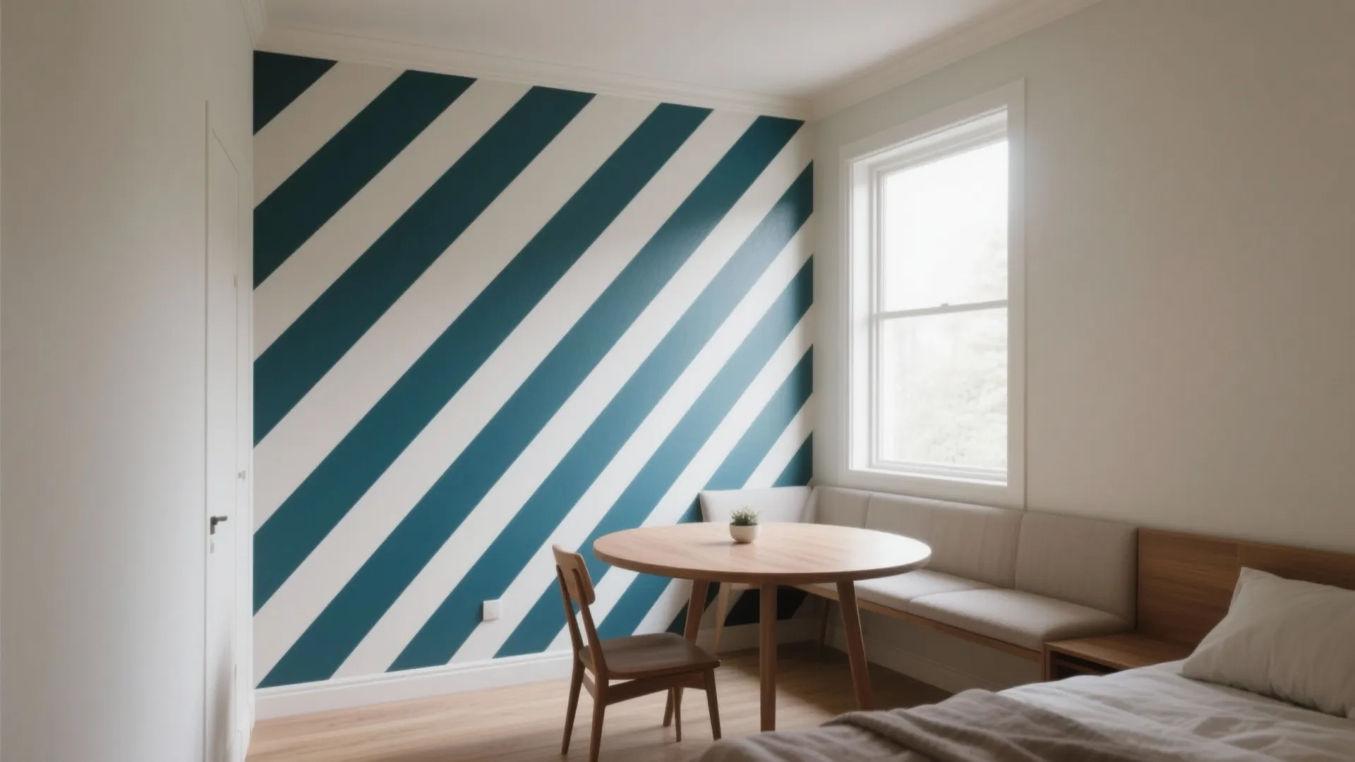 Dining area with blue and white striped wall pattern wooden table chair and bench seat
