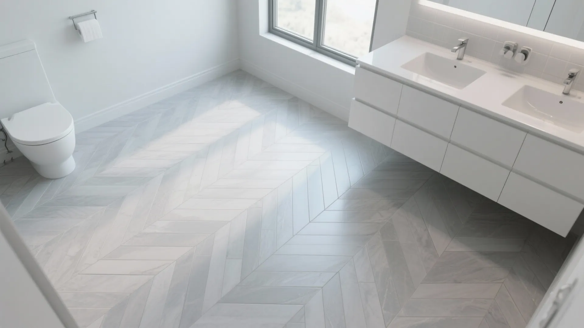 Bright bathroom with white toilet double sink cabinet and light grey wood effect floor tiles