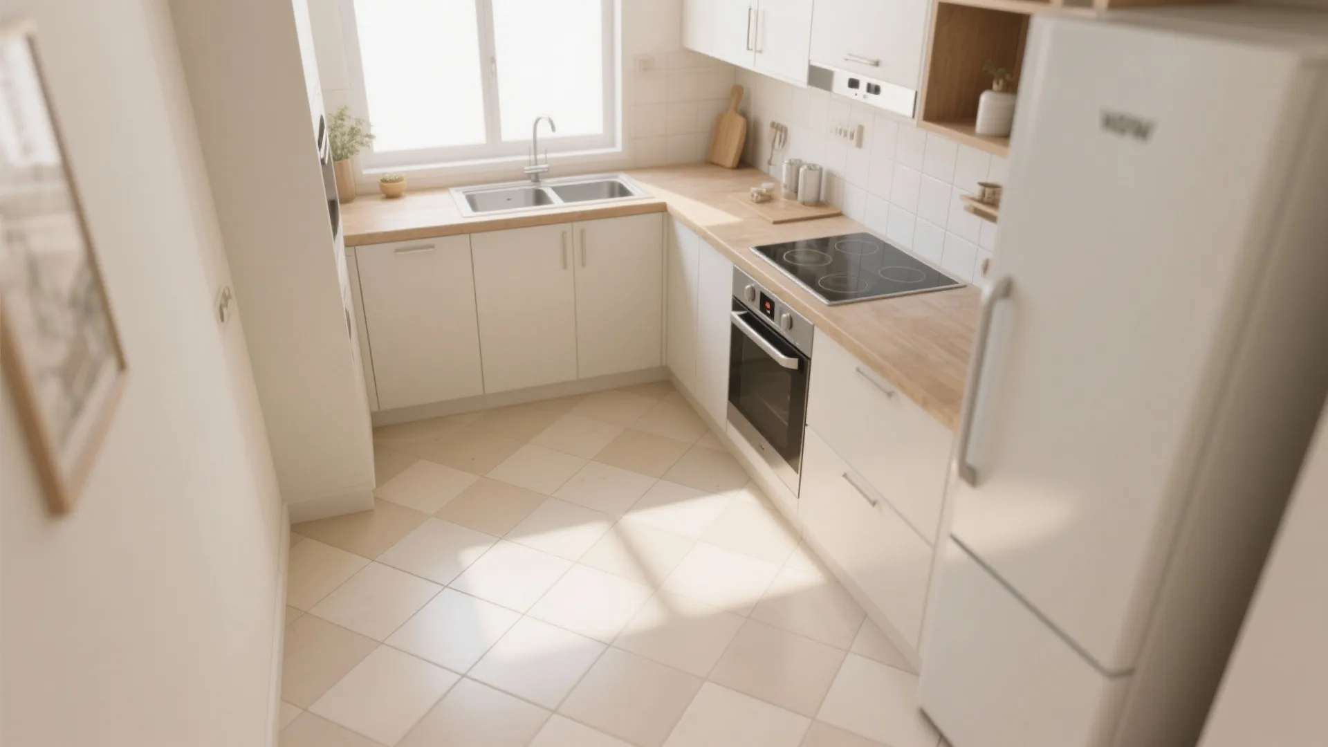 Modern white kitchen with wooden countertop diagonal floor tiles white fridge oven and natural light