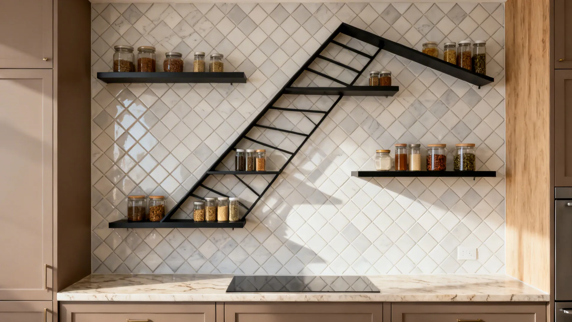 Diagonal diamond tile backsplash with slanted metal shelves displaying jars and spices.