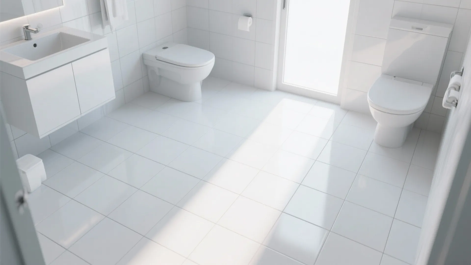 Modern white bathroom featuring white floor tiles toilet sink vanity cabinet and natural sunlight door