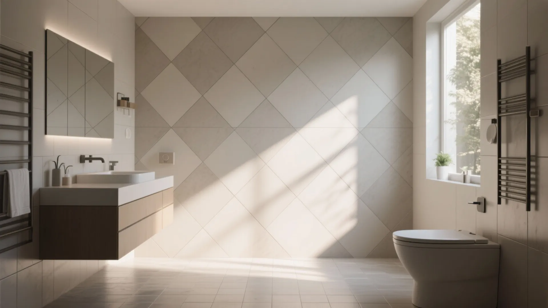 Bathroom interior with diagonal wall tiles floating wood cabinet white sink toilet mirror and warm sunlight