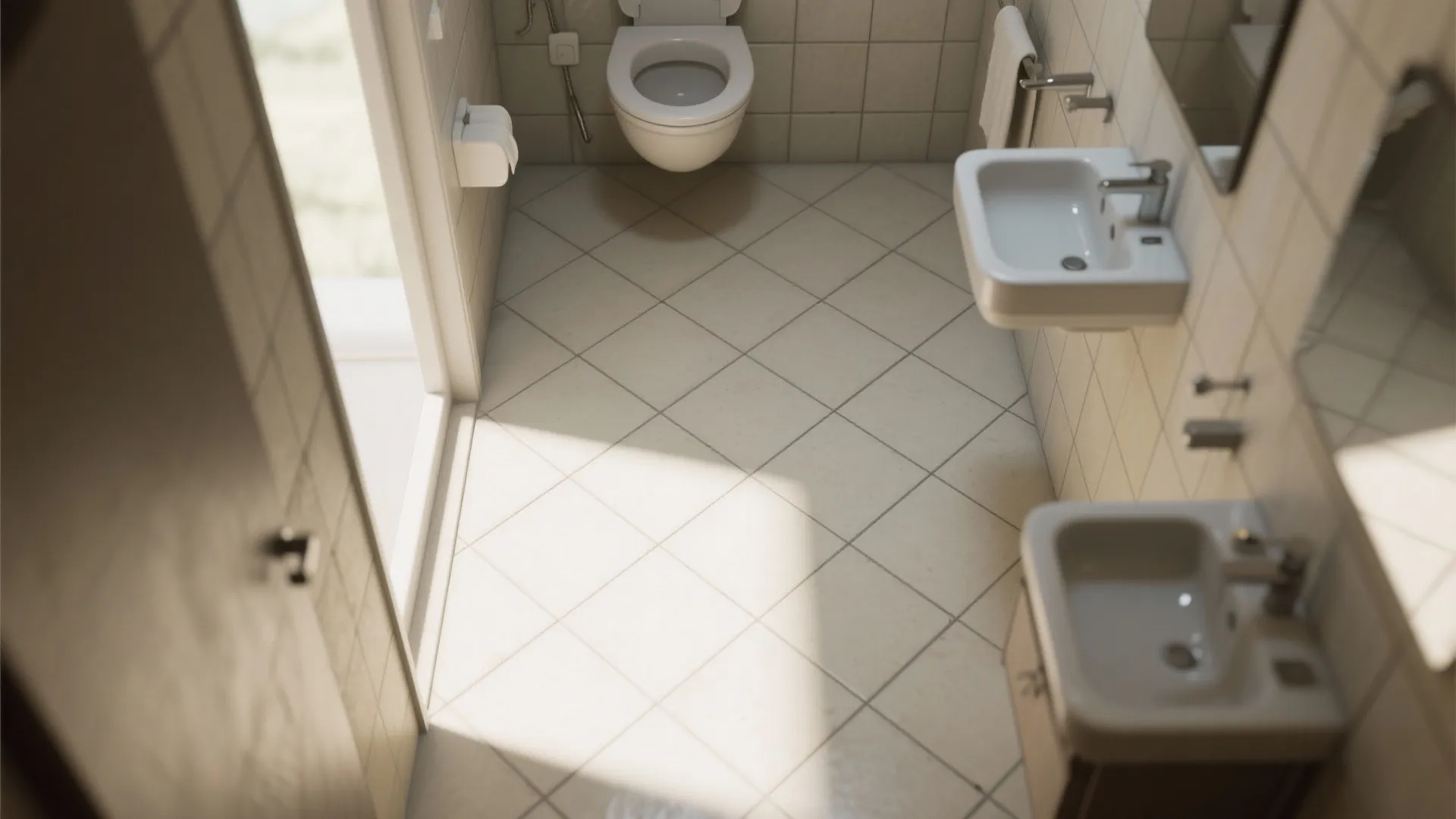Top view of a small bathroom featuring diagonal floor tiles white sinks and a toilet