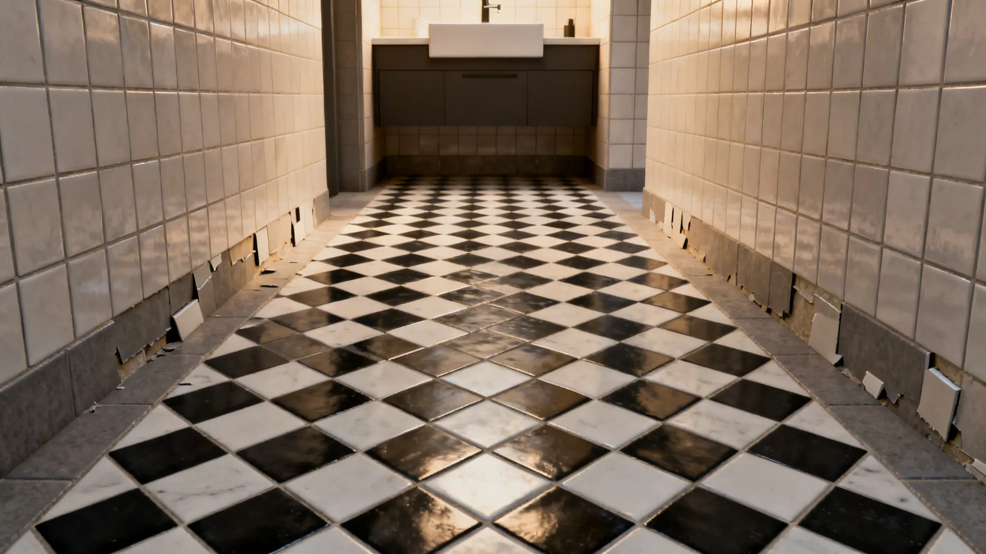 Diagonal black-and-white tile floor in a narrow bathroom creating visual expansion.