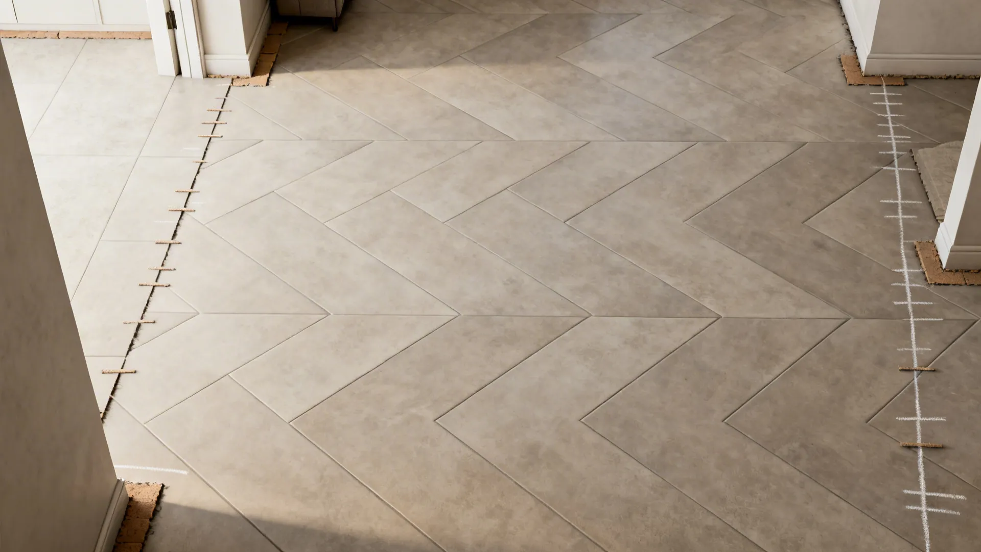 Top-down view showing a 45-degree diagonal tile layout across a living room.