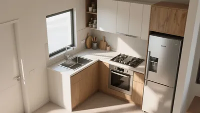 Modern L-Shaped Kitchen with Wood Accent Cabinets