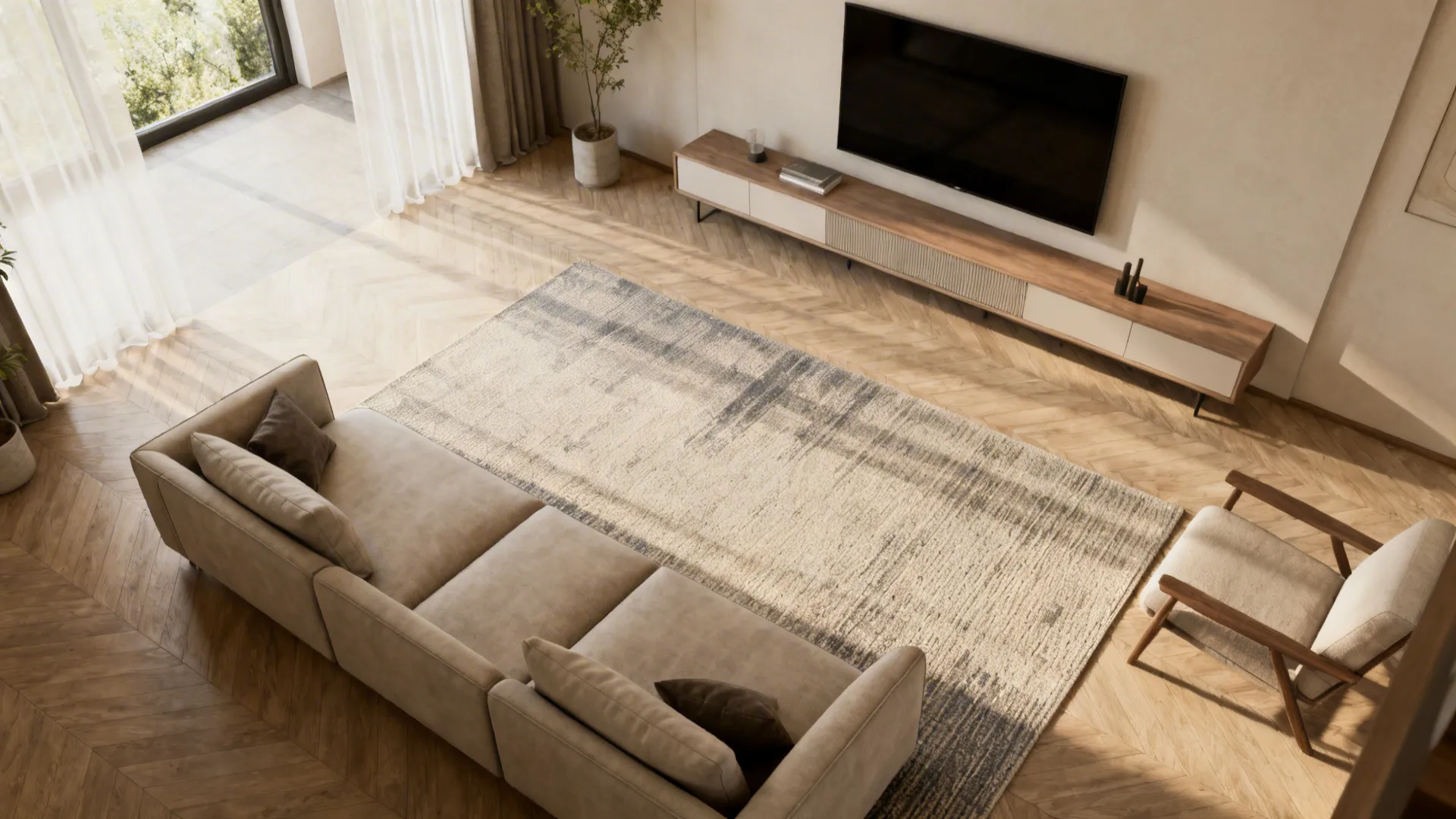Living room interior design drawing with sofa rug wood floor cabinet and wall mounted TV