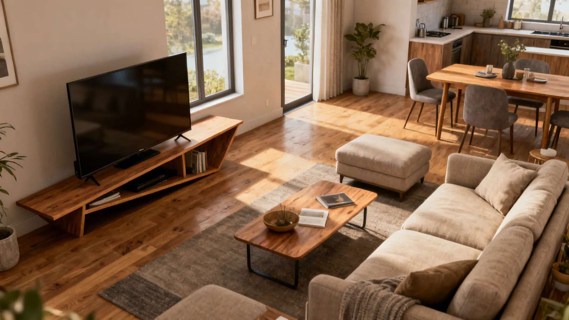 Open-plan living area with a low-profile diagonal TV stand in the corner, unifying seating and dining spaces.