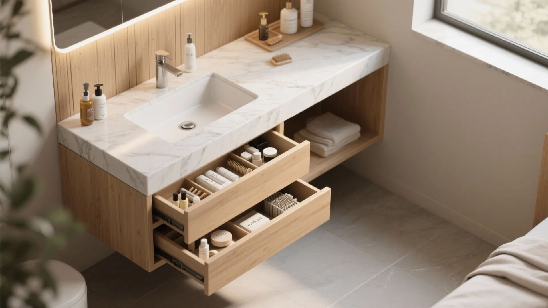 2. Diagonal Corner Vanity with Integrated Drawers
