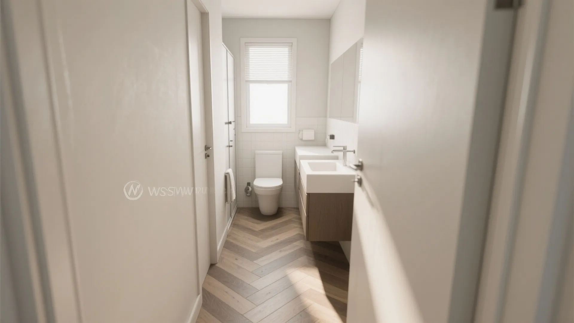 Narrow bathroom with wood floor and white toilet and a double sink with wood cabinet