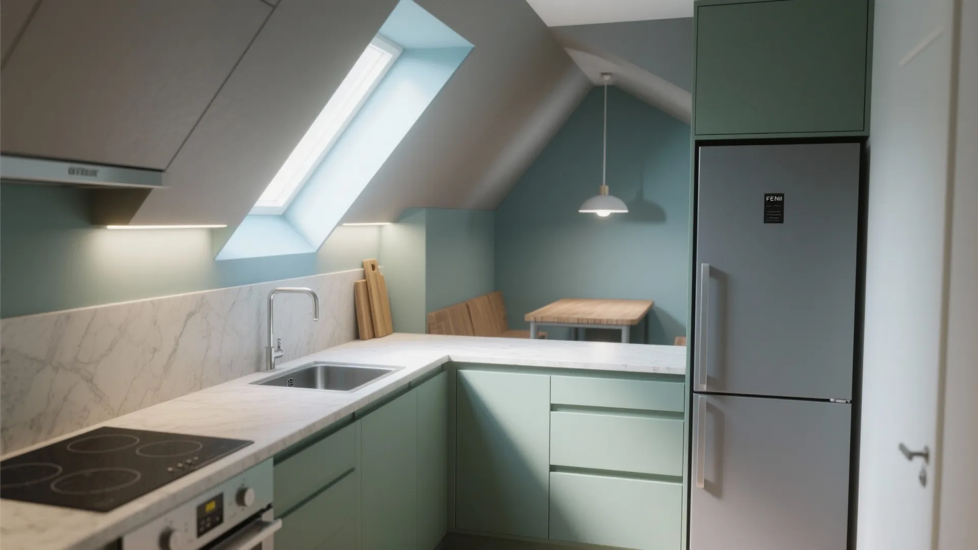 Modern kitchen with green cabinets marble countertop roof window fridge and small dining table area setup