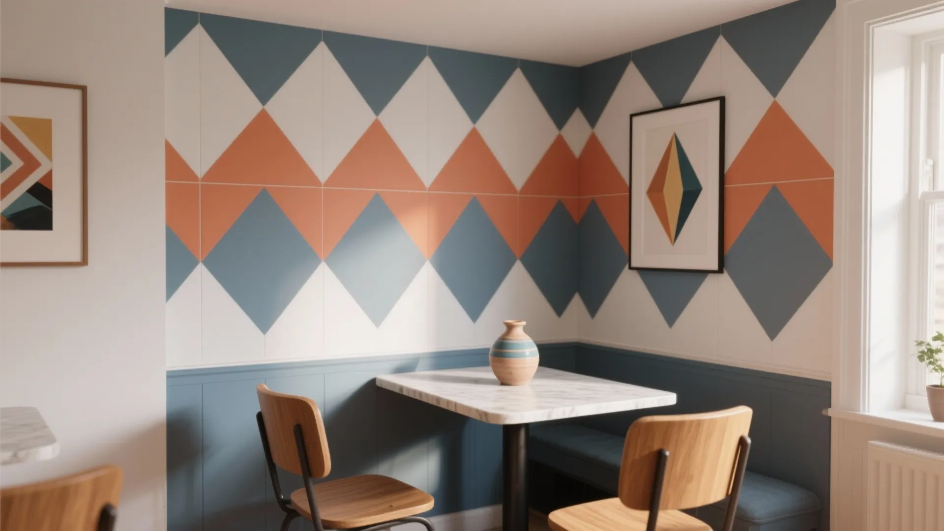 Dining area with blue and orange diamond wall pattern and marble table with wooden chairs