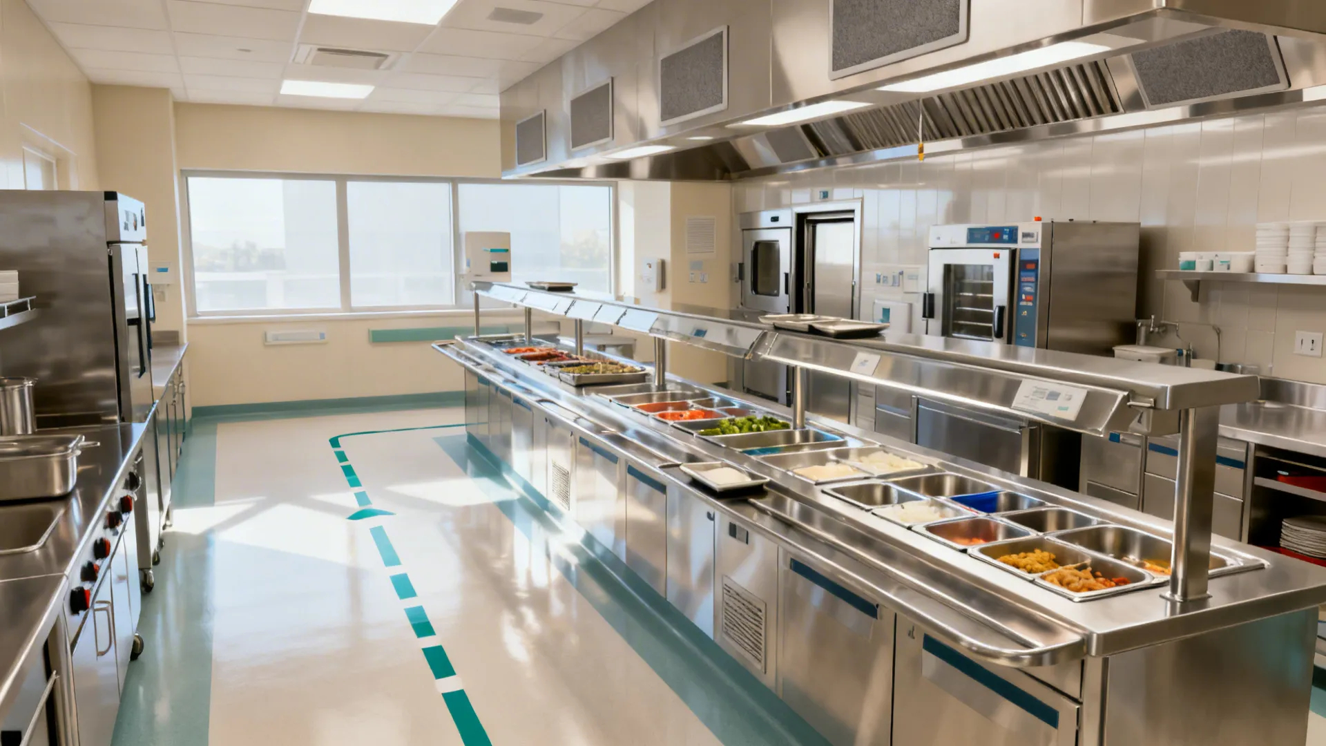 Compact hospital diet kitchen summarizing flow, zones, ergonomics, and finishes.