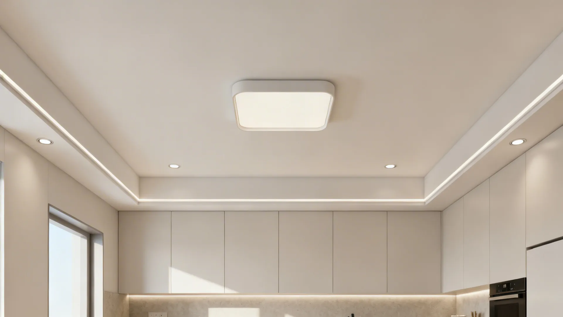 Small kitchen with a shallow flush mount, two mini downlights, and linear cove providing even ambient light.