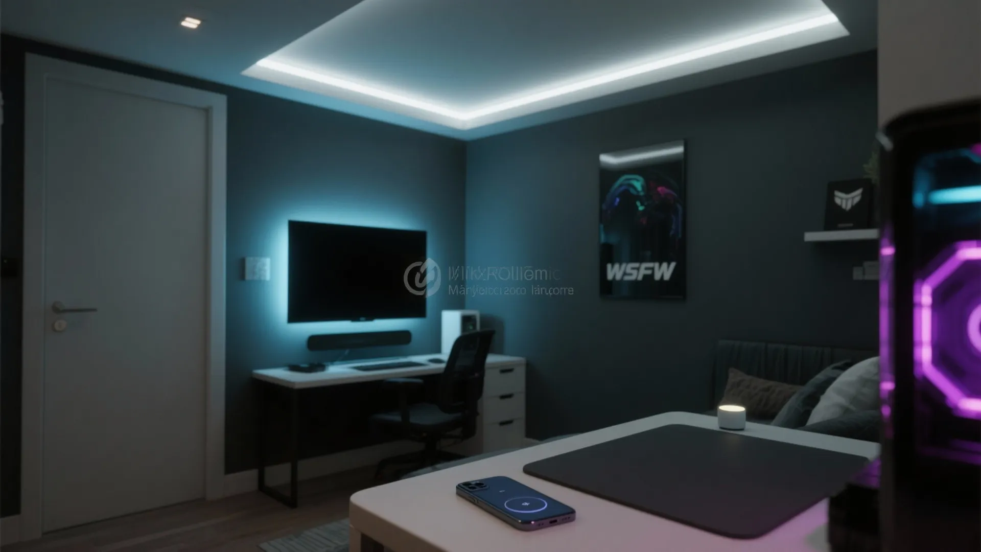Home office with dark walls white desk computer monitor wall light and glowing white ceiling light