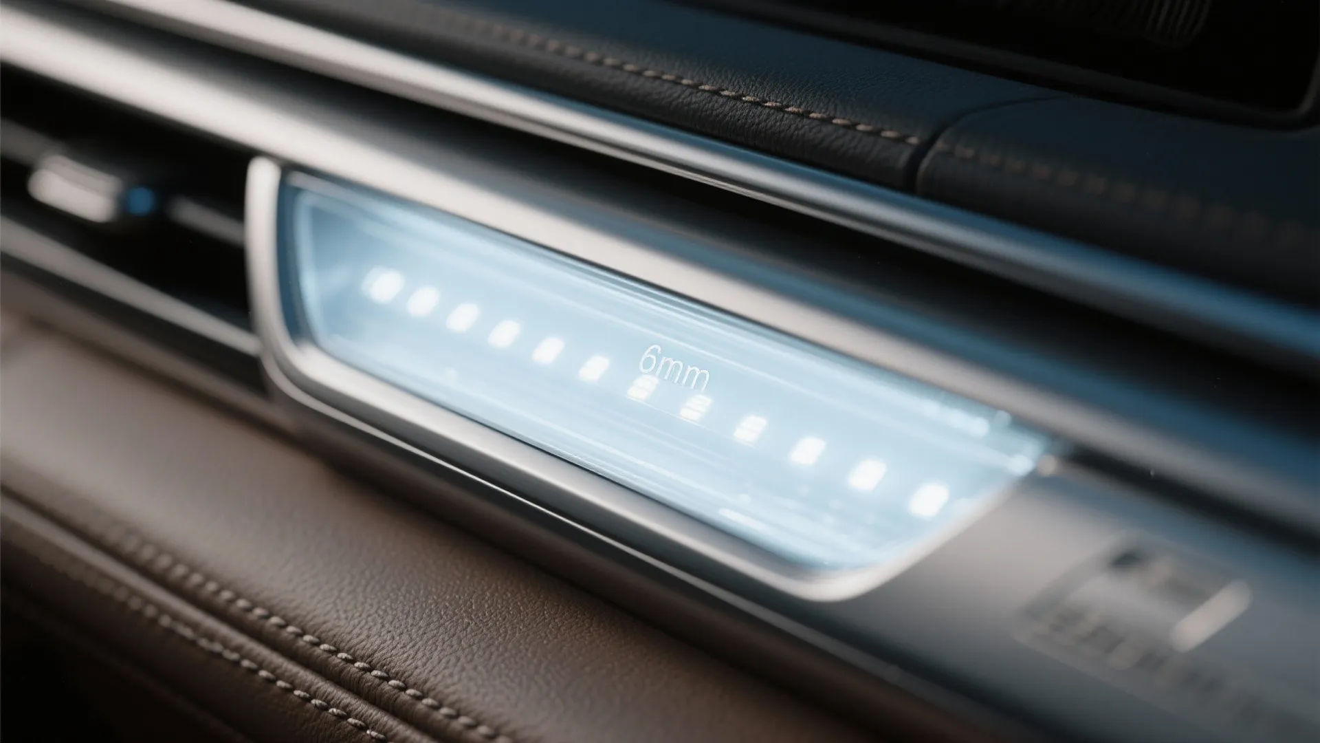 Close up of a glowing light strip on car dashboard showing bright blue led lights