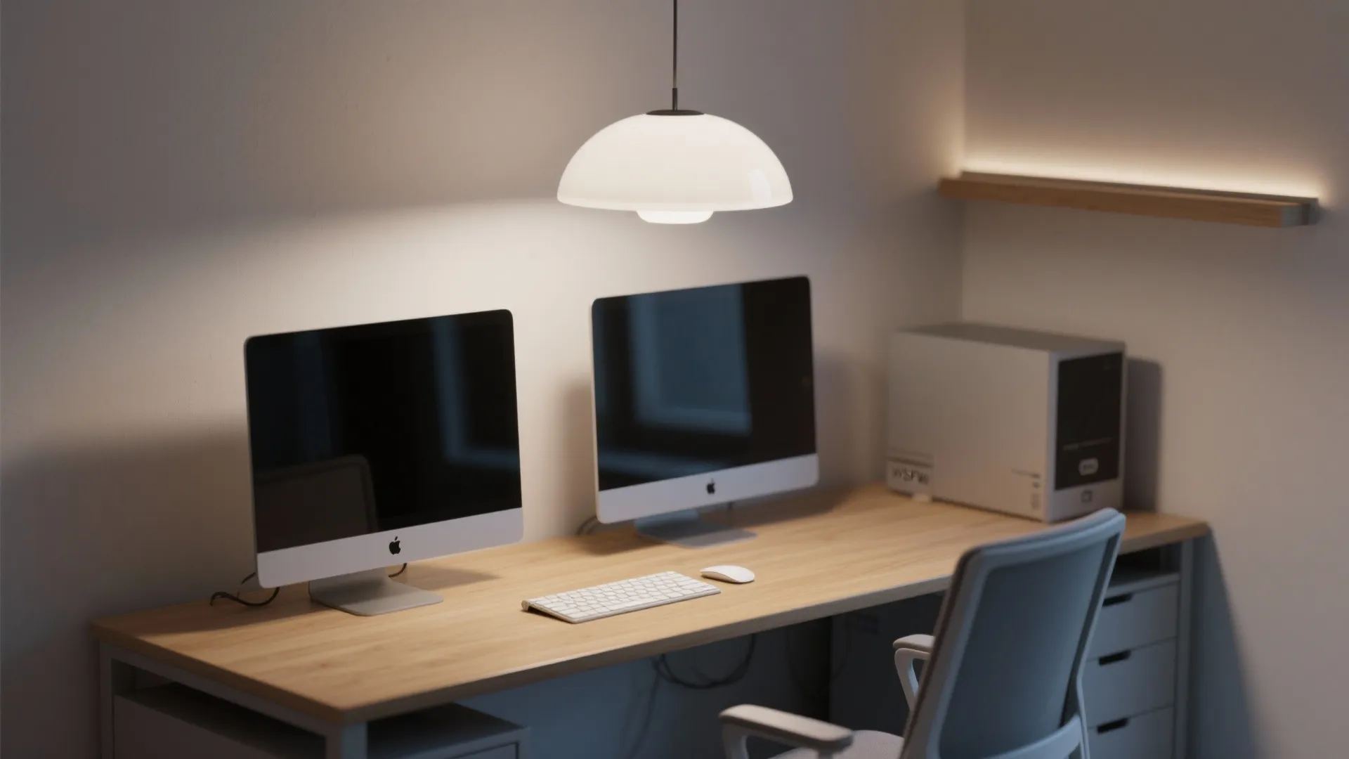 White dome ceiling light illuminating a minimalist workspace with two monitors and a wooden desk
