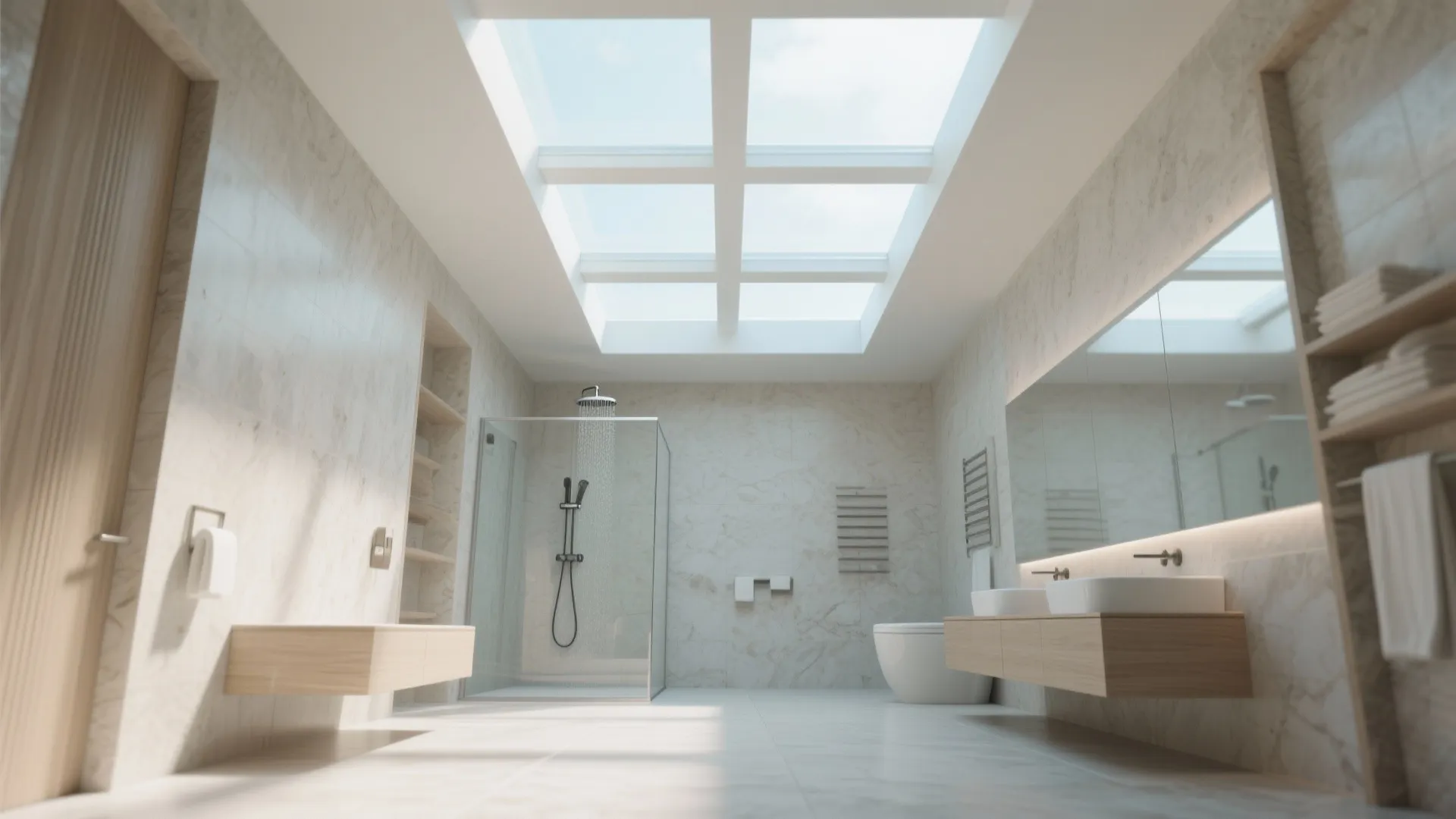 Minimalist bathroom with diffused glass skylights