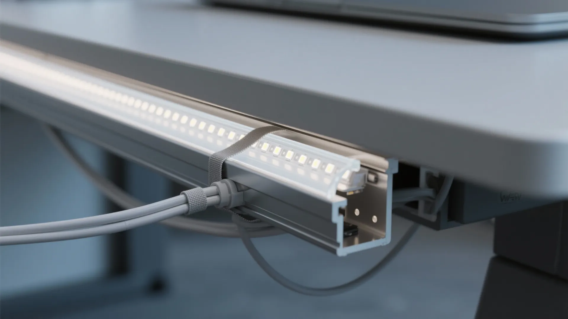Bright led strip light installed under a grey desk edge with power cables and clips