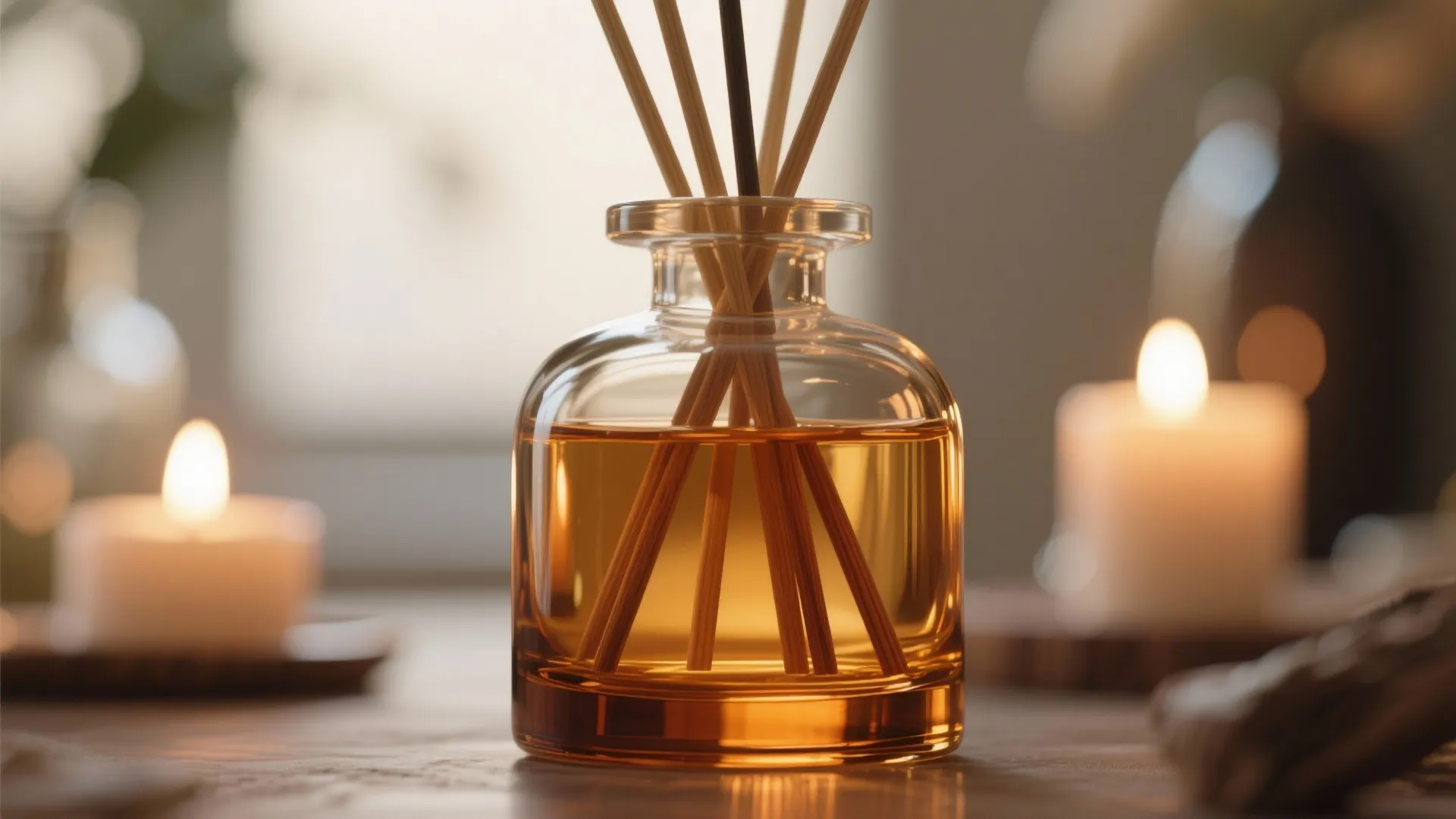Glass reed diffuser with wooden sticks placed on a wooden table near lit warm white candles