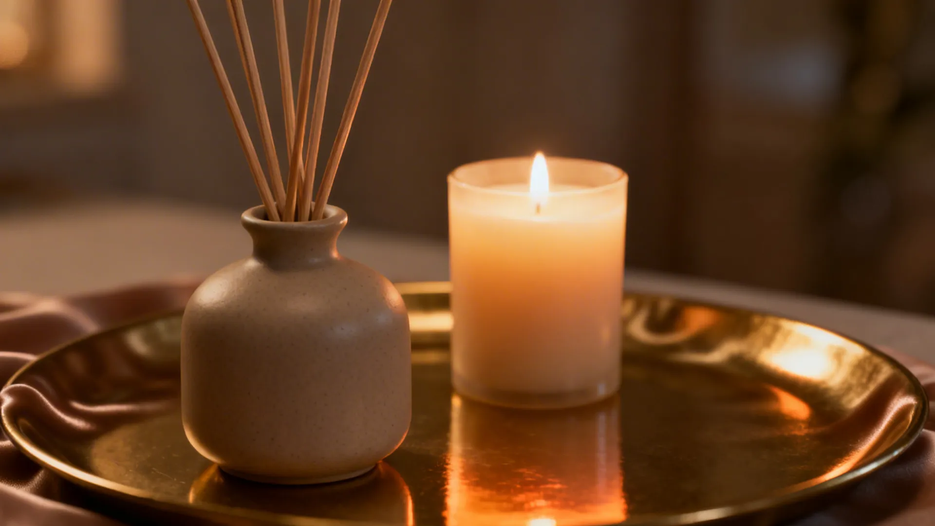 Macro of a matte ceramic diffuser and unscented candle with warm reflections on a brass tray.