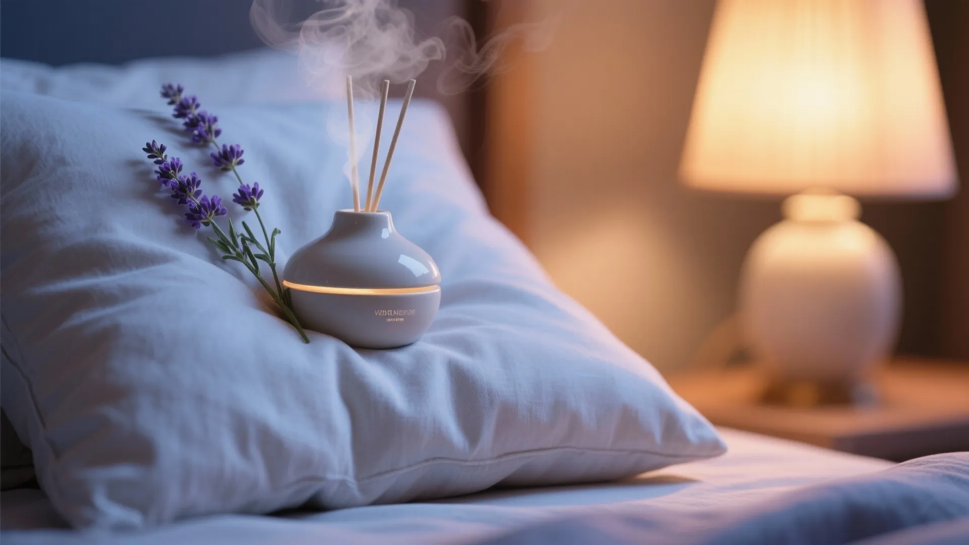 Macro detail of a ceramic diffuser emitting vapor beside lavender on linen, illustrating calming scents and textures.