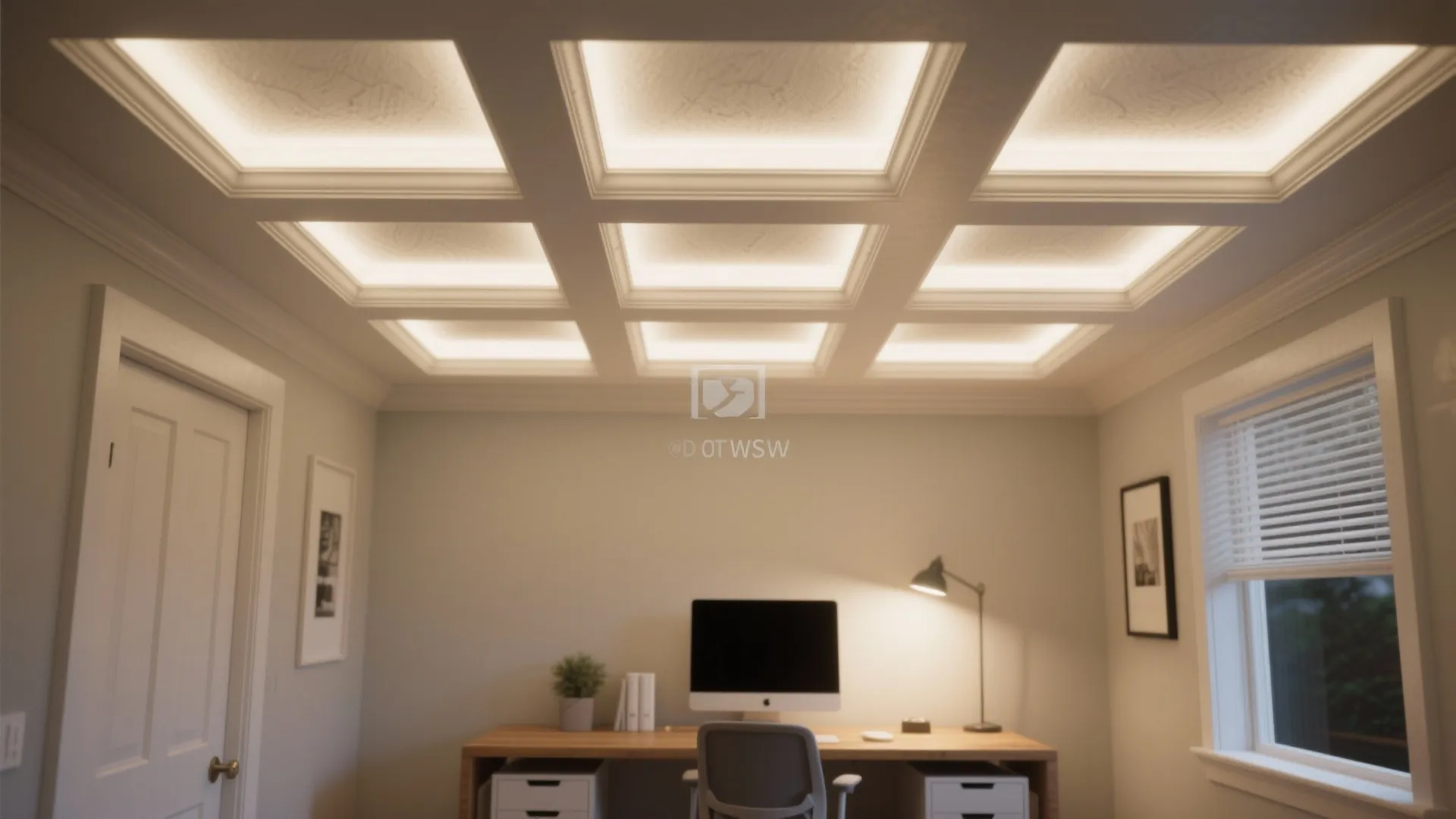 Home office with grid ceiling light design wooden desk computer chair and natural window light