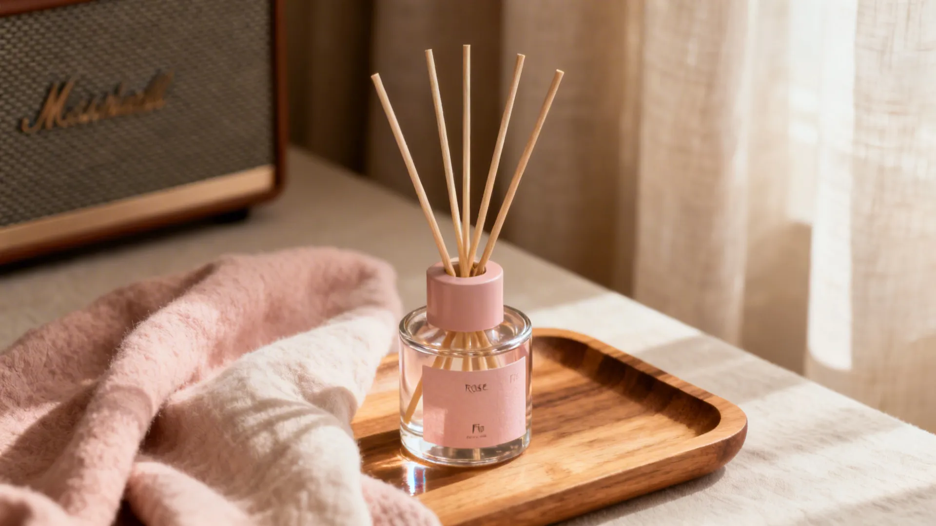Macro of a reed diffuser on a wooden tray with soft textiles in warm daylight.