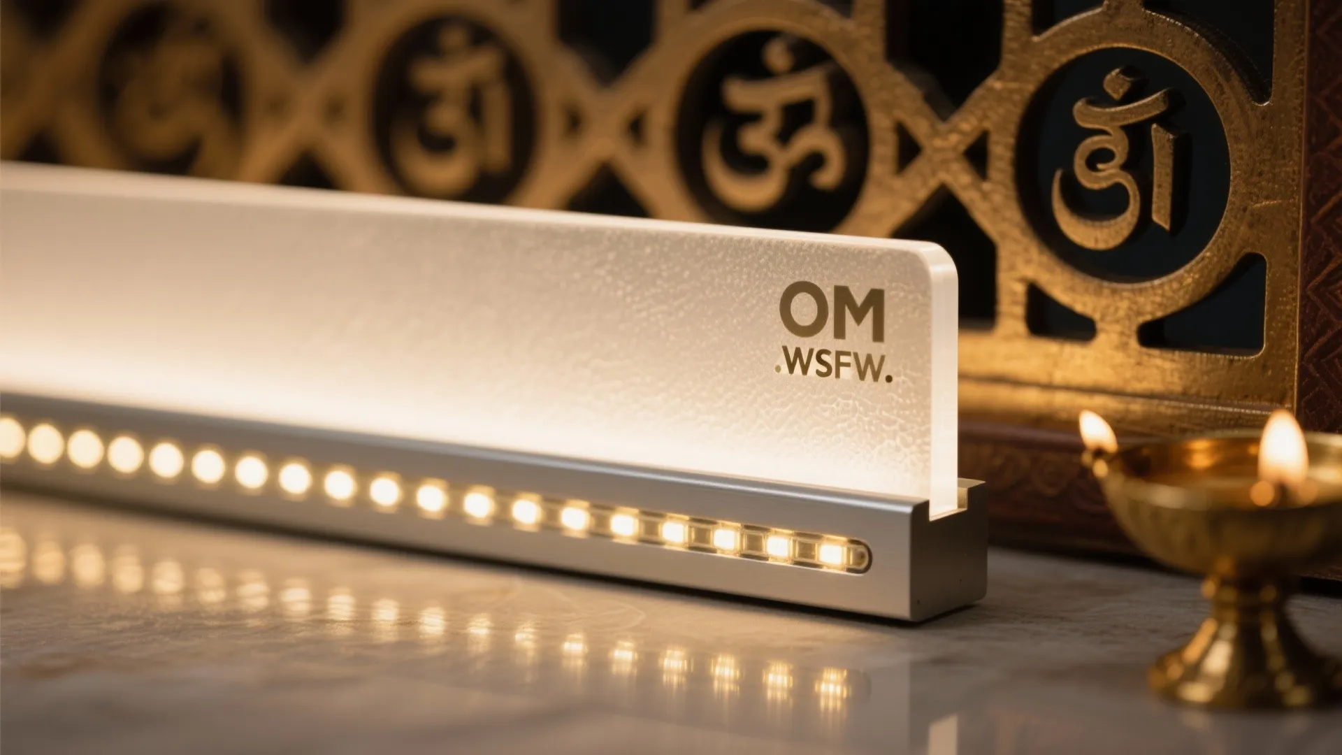 Macro detail of frosted acrylic diffuser and LED channel behind an OM jali panel.