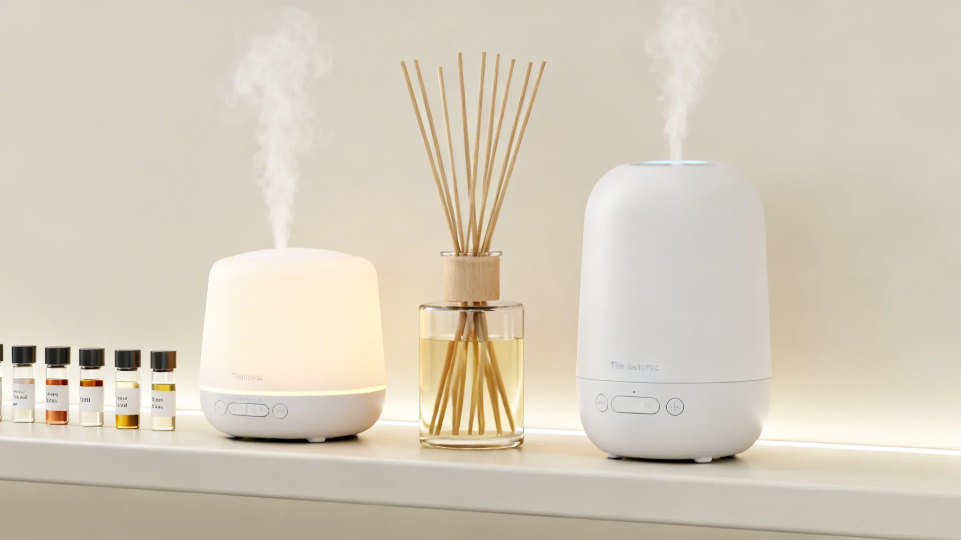 Two white electric mist diffusers and one reed diffuser bottle on a light colored shelf