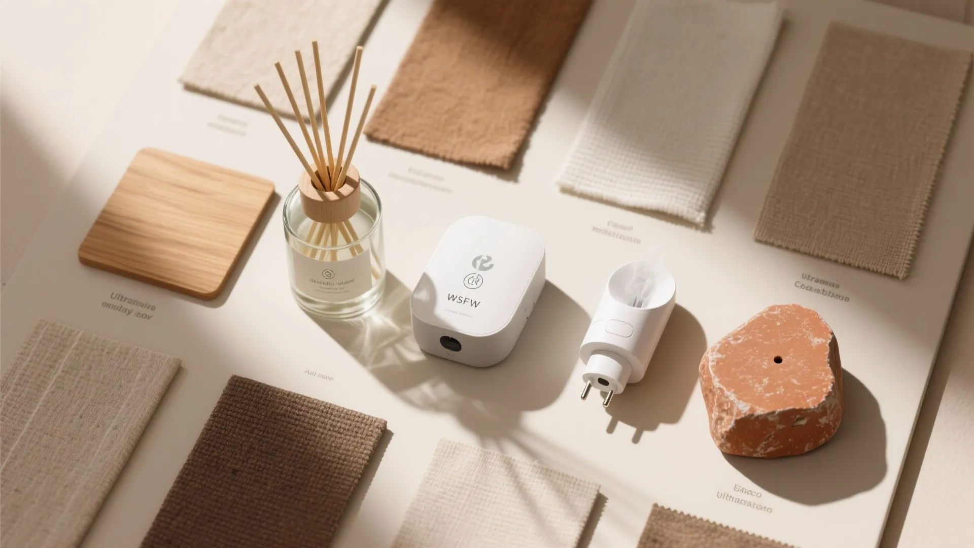 Flatlay of five diffuser types with neutral material swatches.