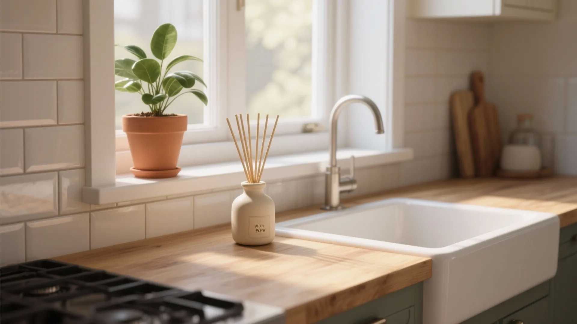 Kitchen wood countertop with white sink, reed diffuser, potted plant by window, and subway tiles