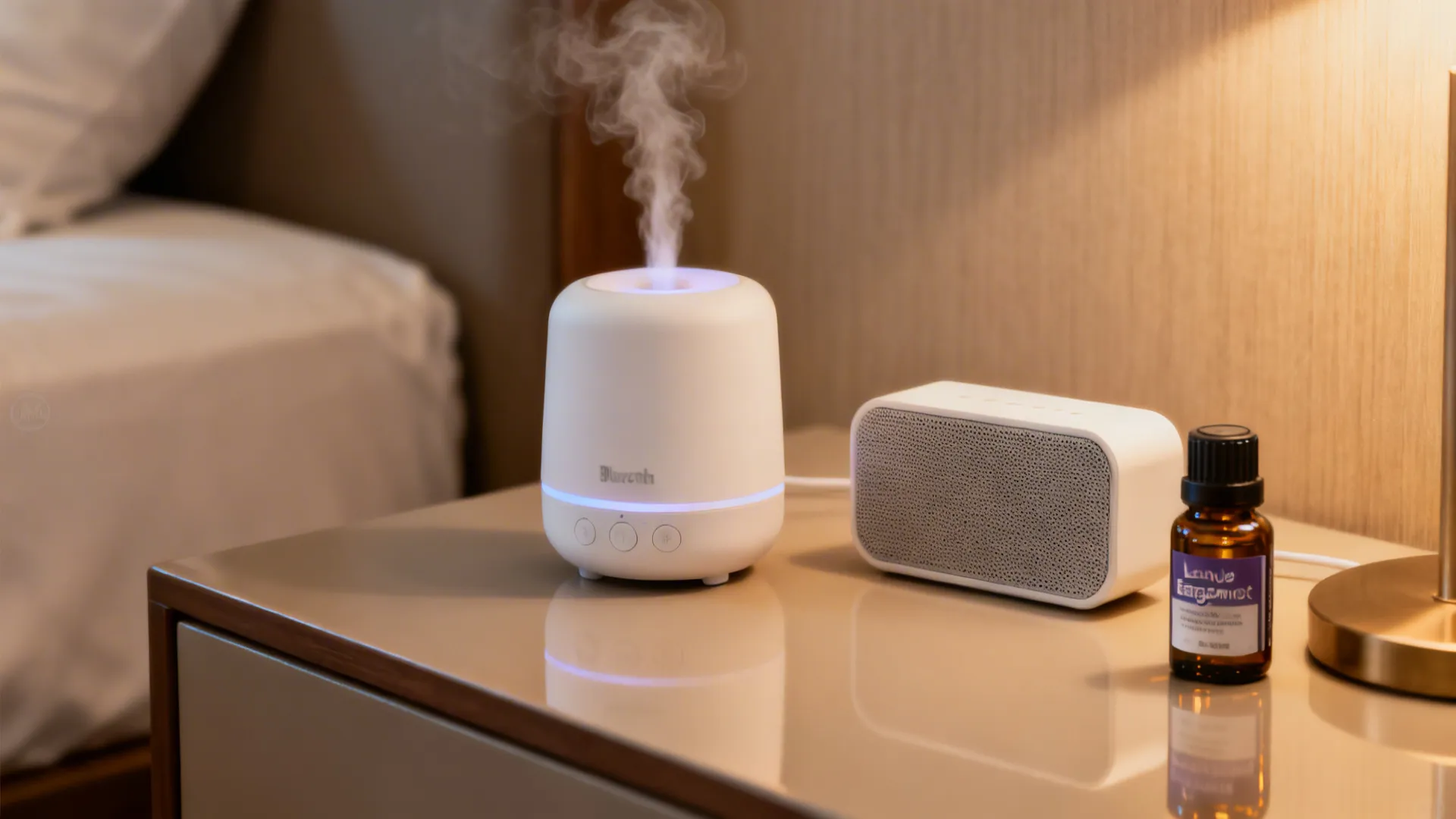 Close-up of a travel diffuser and small speaker on a nightstand with warm light.