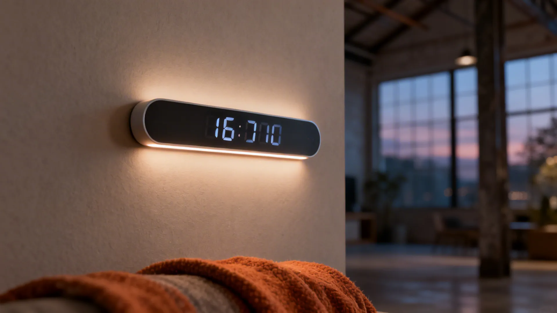 Slim digital wall clock with soft backlighting providing ambient light in an open-plan loft.