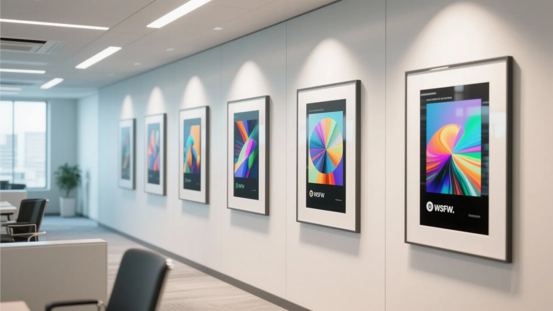 Row of colorful framed art posters hanging on white office wall under bright ceiling lights