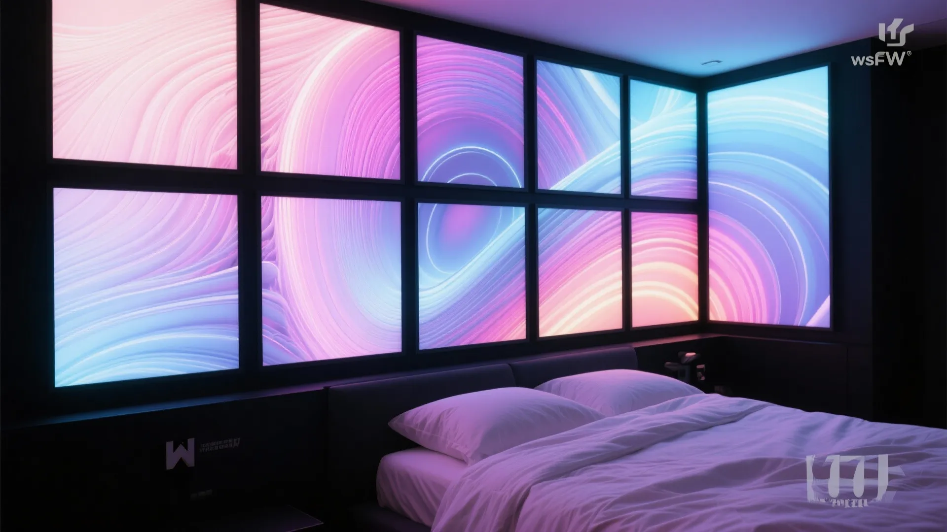 Modern bedroom with white bed and large glowing wall panels showing colorful abstract digital art