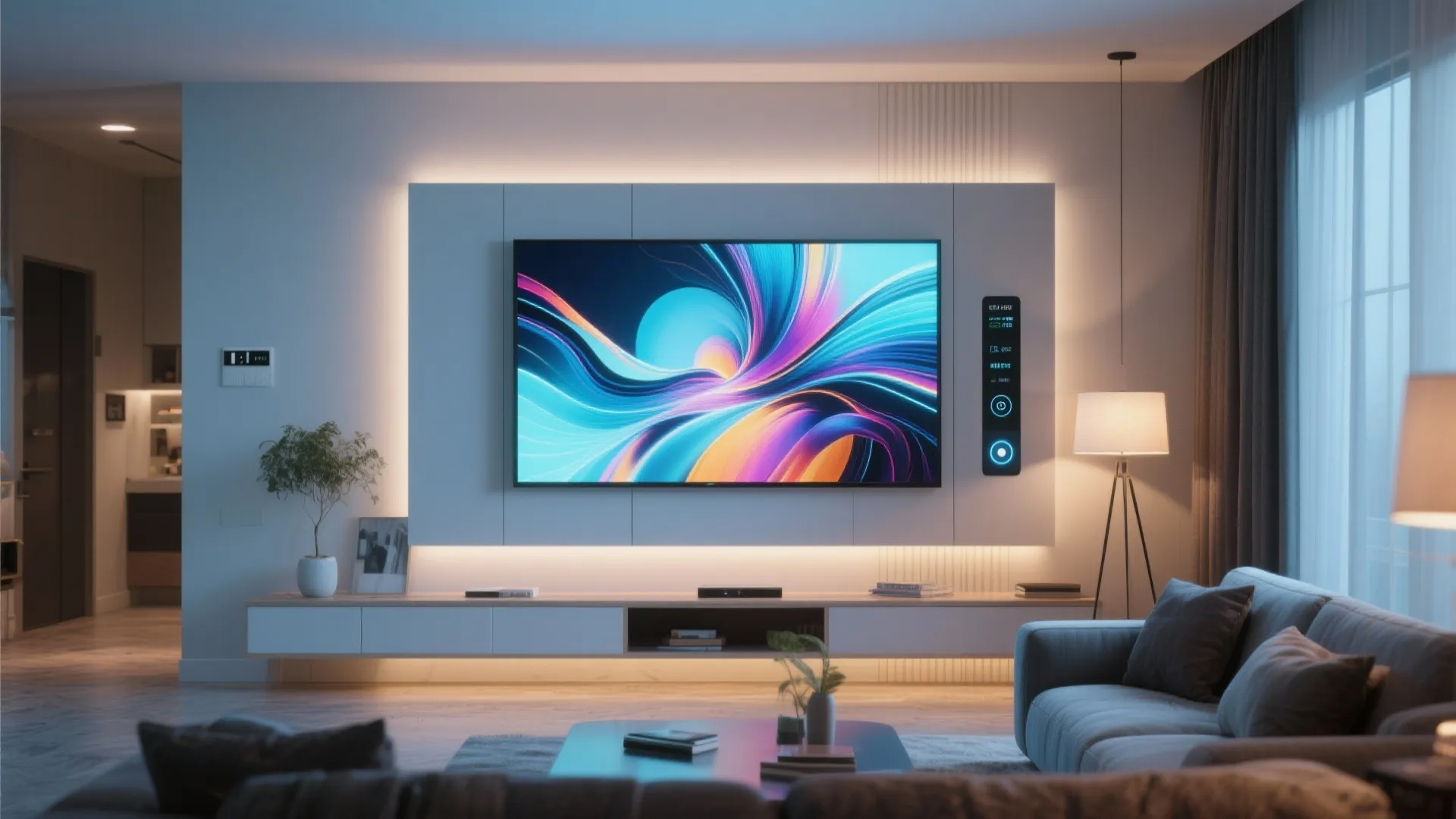 Sleek living room with a large wall television showing colorful digital art and warm lighting
