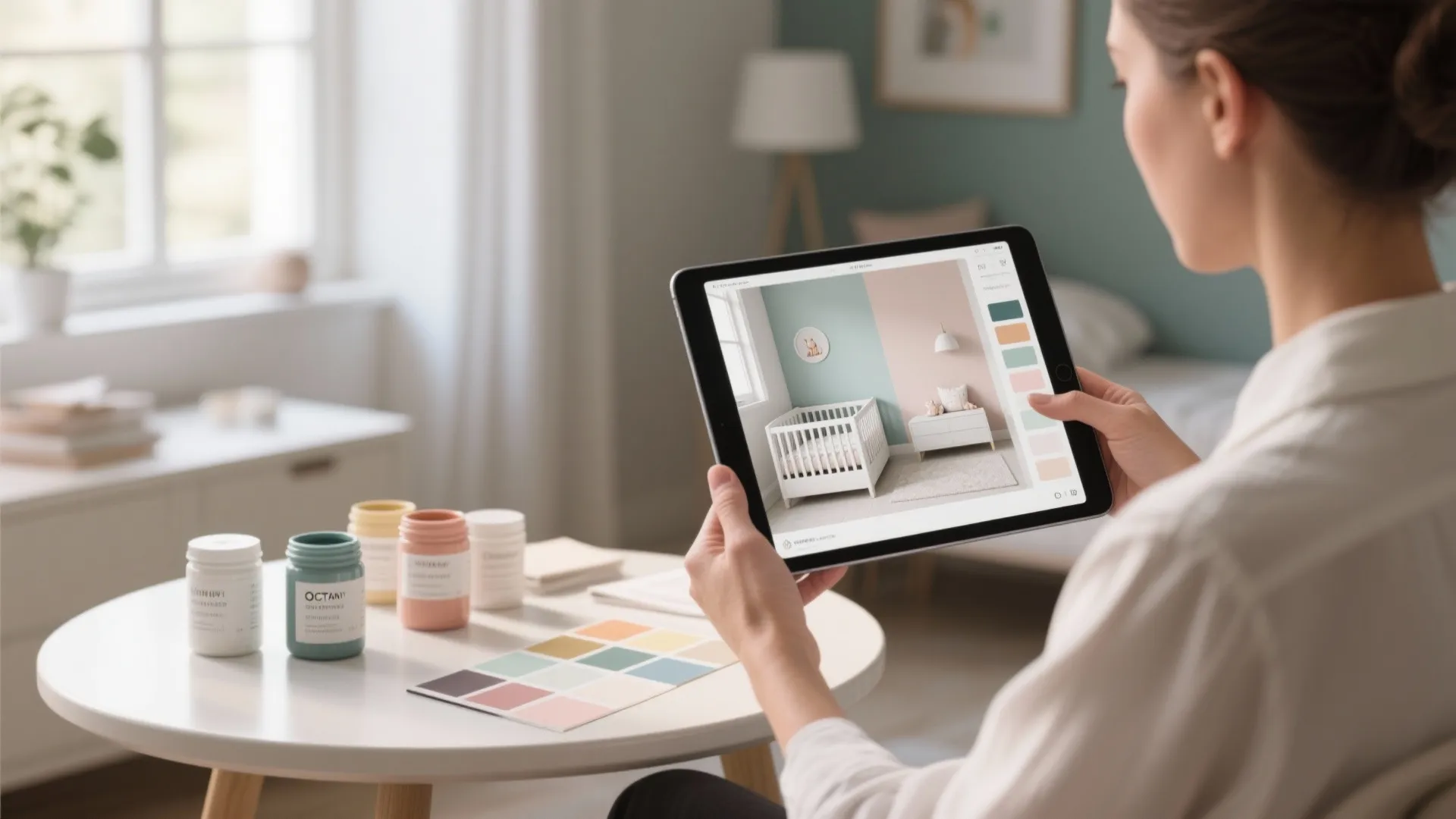 Person using a tablet to choose paint colors for a nursery with small paint cans