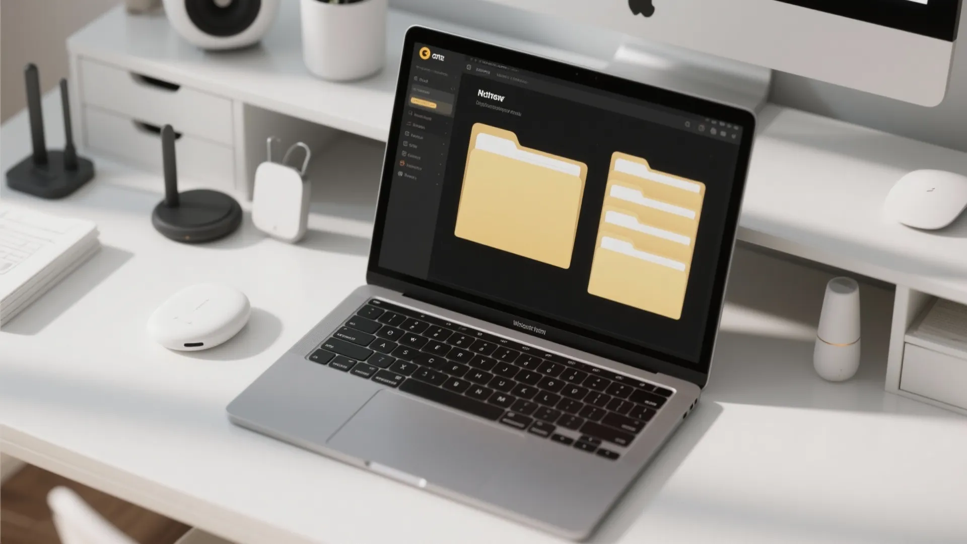 Laptop on white desk showing folder icons on screen with speakers and mouse nearby workspace