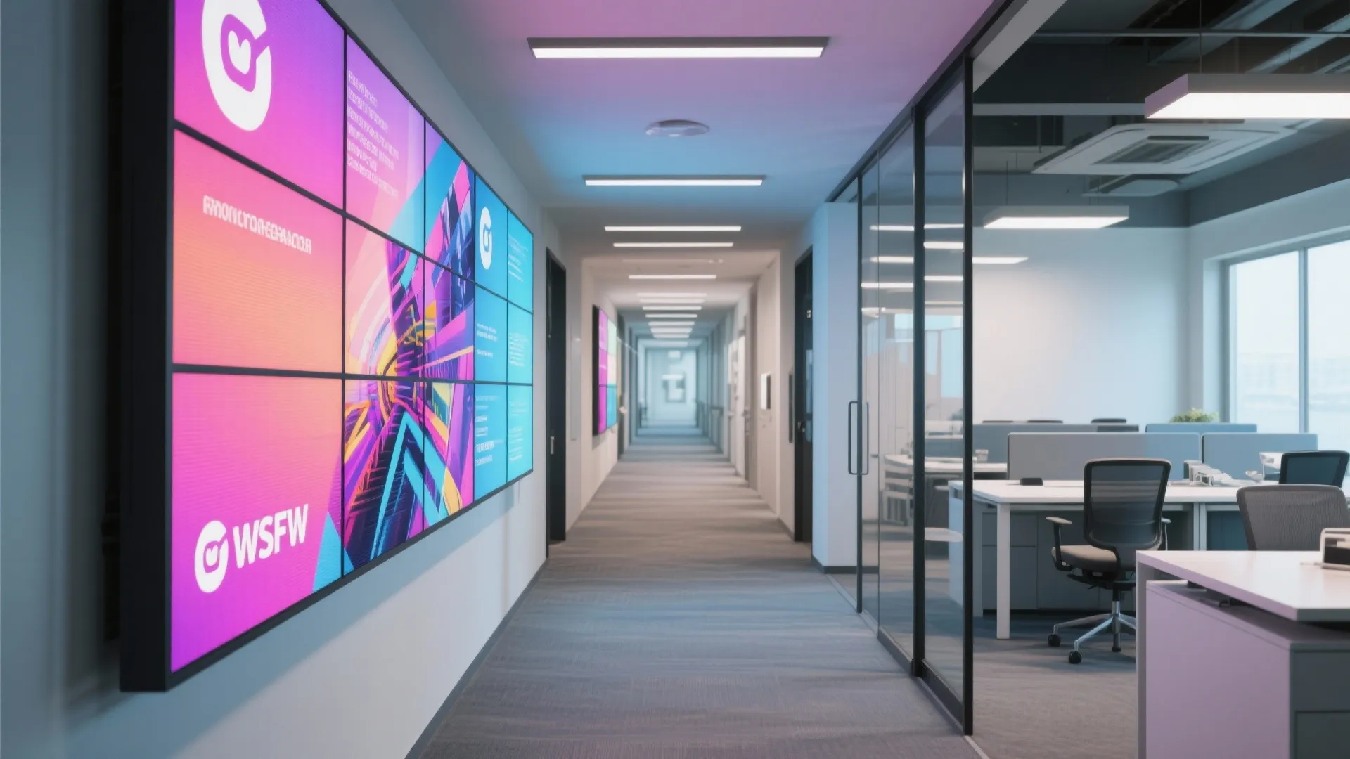 Bright office hallway featuring a large colorful digital screen wall and glass partition office cubicle areas