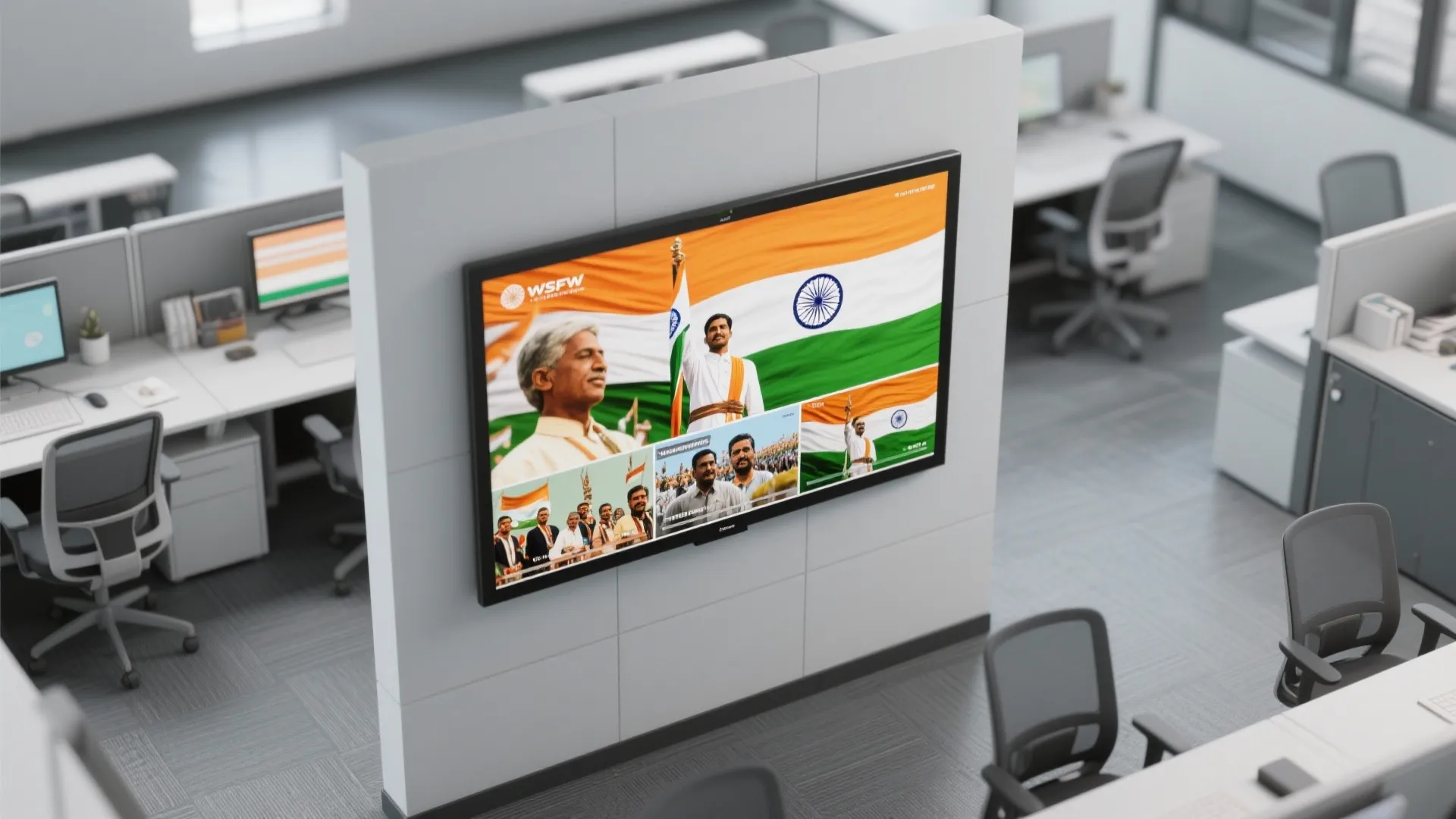 Open office room layout with a large screen displaying images on a white partition wall