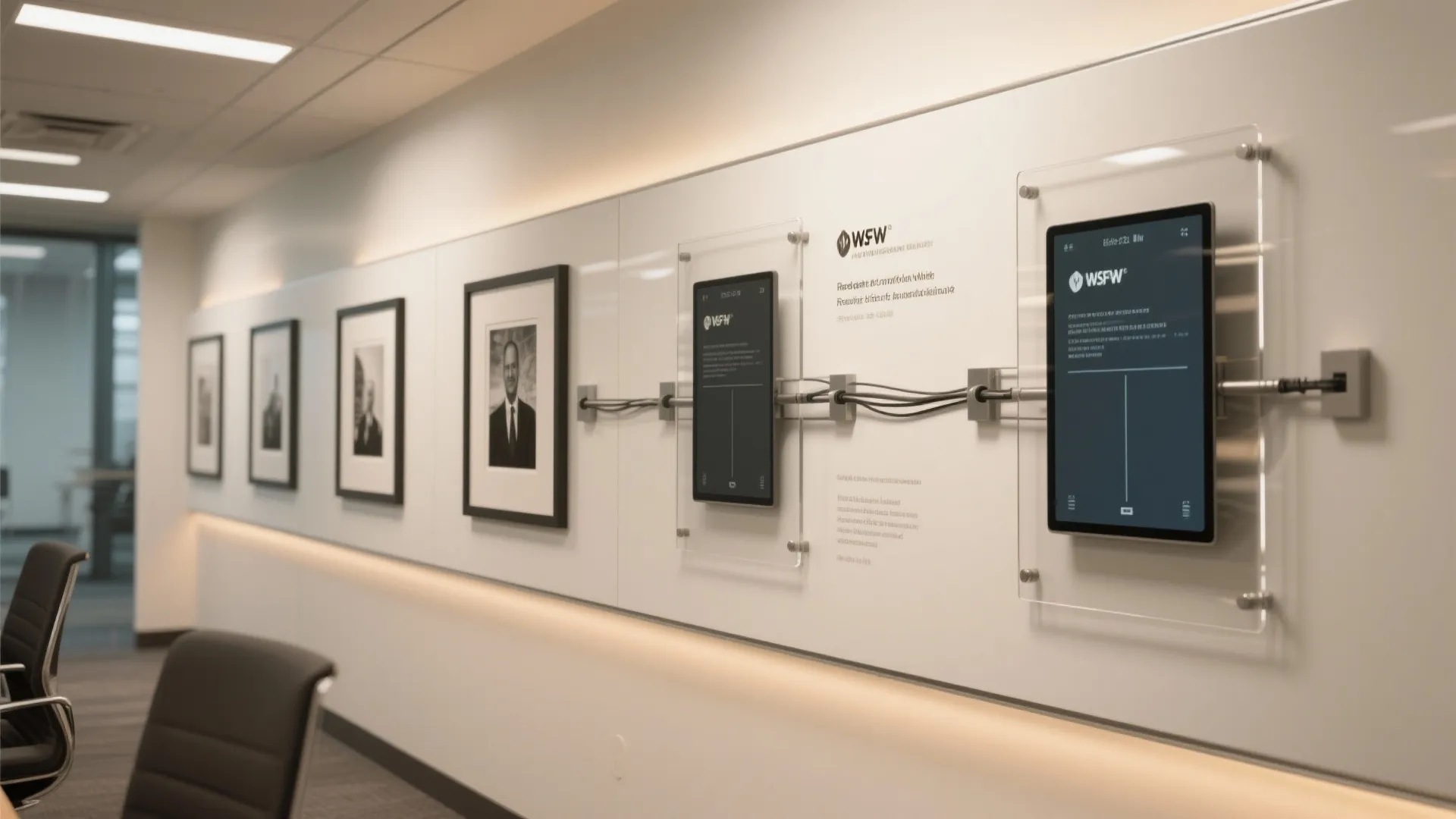 Modern office hallway wall display featuring framed portraits and digital tablets with clean white paneling