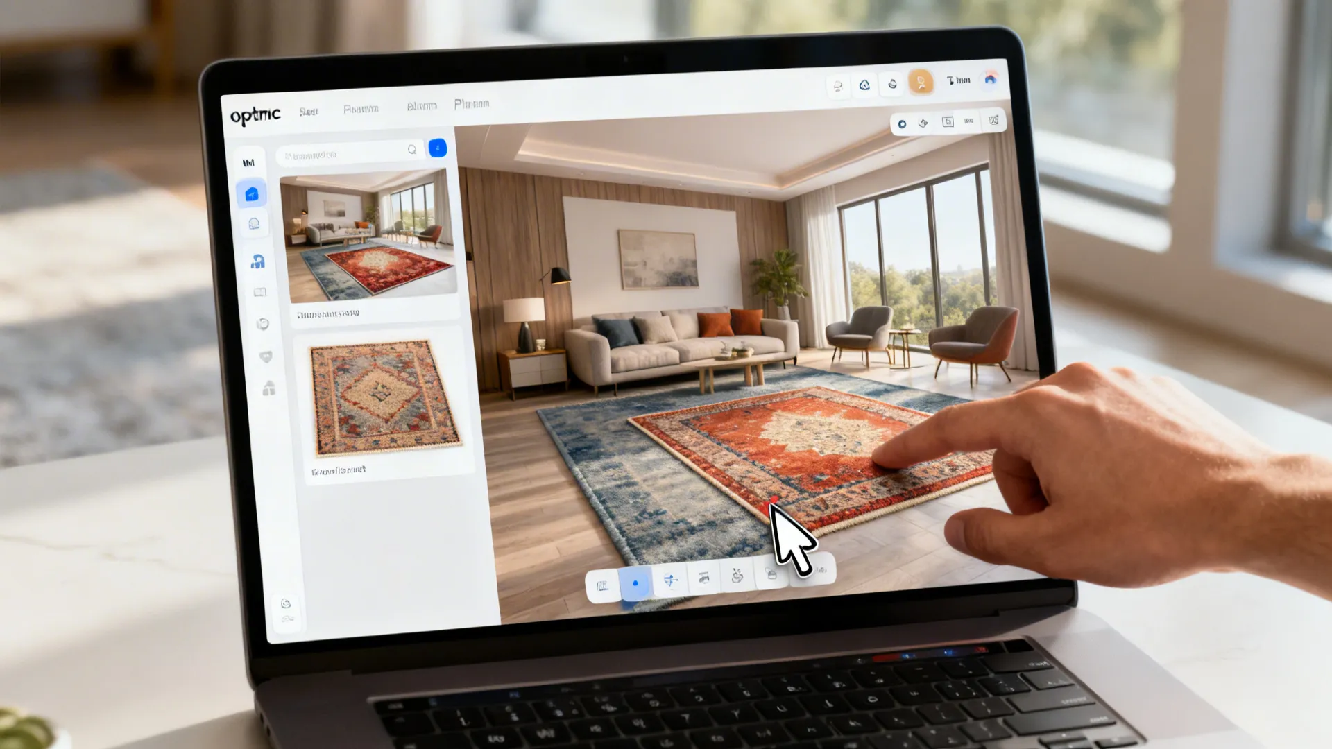 Laptop screen showing a room planner with rug mockups to test sizes before buying